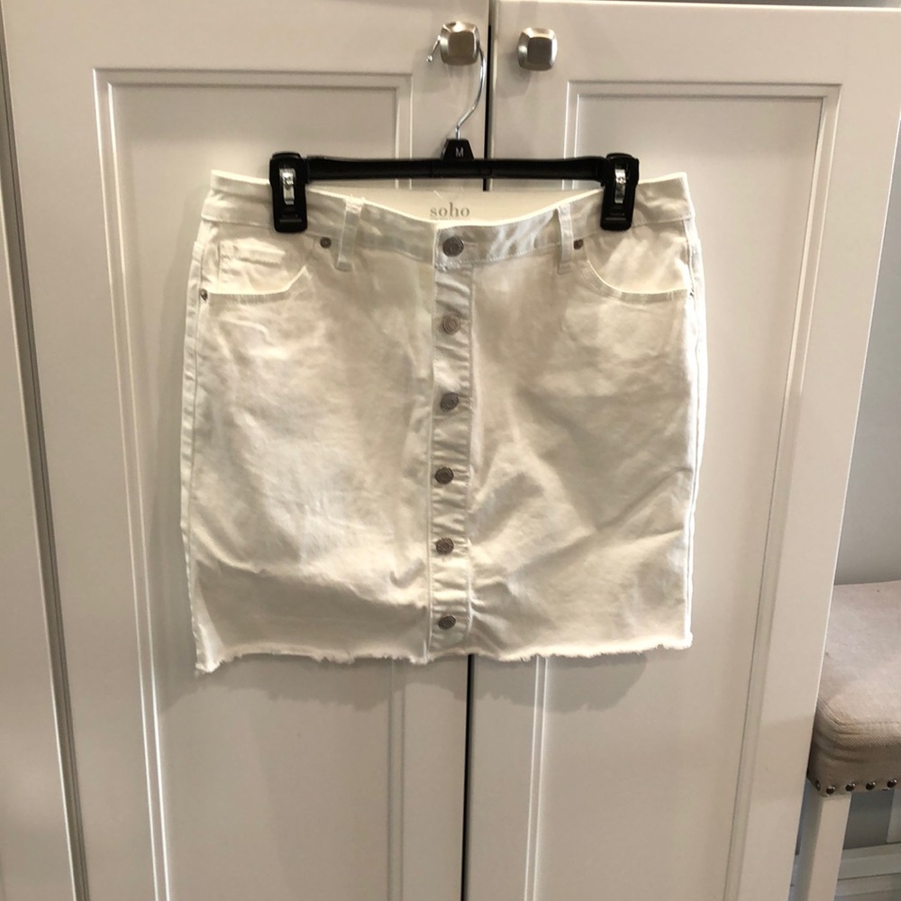 NY& CO Jean skirt with fringed hem. Button up front size 8